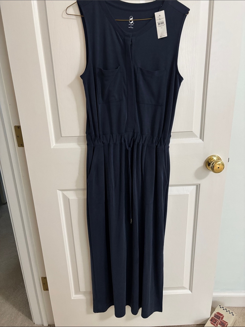 Lou & Grey Sleeveless Navy Midi Dress with Drawstring Waist